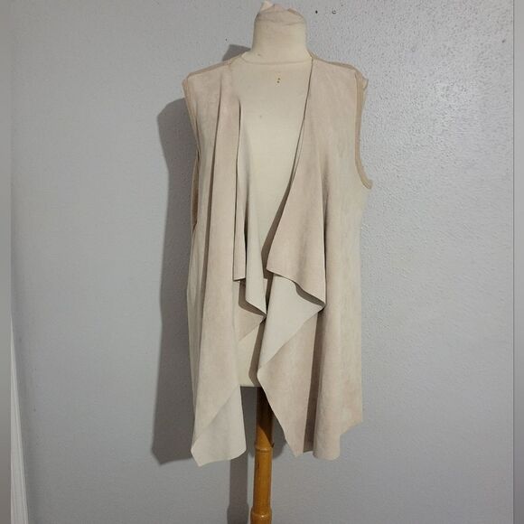 Calvin Klein Sweater Beige Vest Sleeveless Drape Open Front Faux Suede - Picture 6 of 10